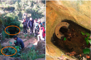 Water from these two adjacent springs (left photo) is directed to an underground channel (right photo) to the stone tank above.