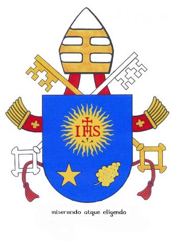 Pope Francis’s papal coat of arms features the Jesuit seal: IHS surrounded by a sunburst. The IHS monogram is the first three letters in Greek for the name of Jesus. A cross pierces the H in red, and there are three black nails under the letters.