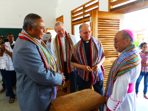 Visiting a classroom in the school (L to R) Minister of Education, Bendito Dos Santos Freitas; Fr Mark Raper SJ; Fr General Adolfo Nicolás SJ; and Bishop of Dili, Alberto Ricardo da Silva.  