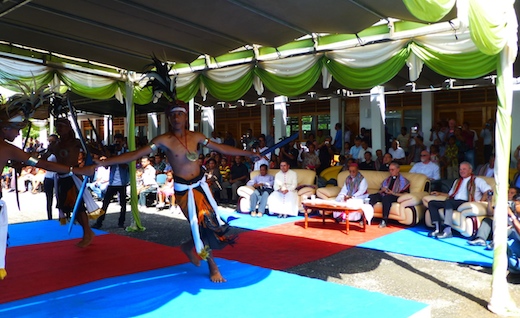 Watching a performance by the students of Colégio Santo Inácio de Loiola, (L to R) Fr Lucio Norberto de Deus, Vicar General of the Bishop of Maliana; Msgr Rodrigo Bilbao, Secretary of the Nuncio; His Grace Alberto Ricardo da Silva, Bishop of Dili; Fr General Adolfo Nicolás SJ; and Fr Mark Raper SJ.