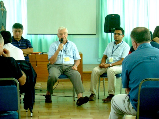 Talking about the Examen: (L to R) Fr Stephen Chow SJ (Hong Kong), Fr Christopher Gleeson SJ (Australia) and Fr Plinio Martins SJ (Timor Leste)