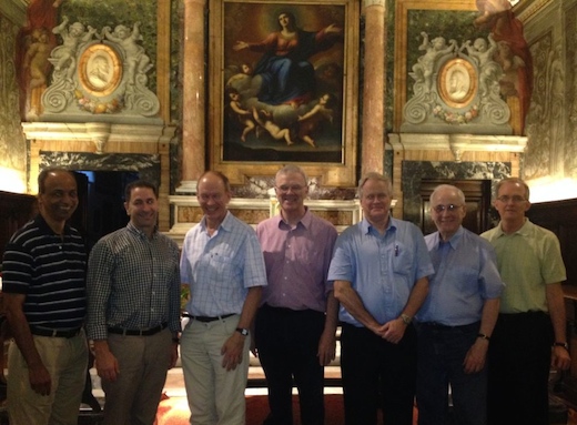 (L to R) Fr George Pattery SJ (President for South Asia), Fr Tim Kesicki SJ (President for North America), Fr John Dardis SJ (President for Europe), Fr Mark Raper SJ (President for Asia Pacific), Fr Mike Lewis SJ (President for Africa and Madagascar), Fr Jorge Cela SJ (President for Latin America), and Fr Jim Grummer SJ, General Counselor, and Admonitor of Fr. General.  The photo was taken in the Chapel of the Nobles where the decree of restoration of the Society was signed by Pope Pius VII on  August 7, 1814.