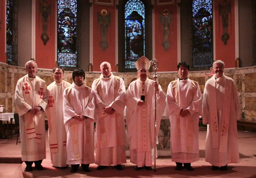 Archbishop Diarmuid Martin and the three new deacons Hun Jun Lee SJ, Shane Daly SJ and Jae Wok Lee SJ with (from left to right) Fr Brian Grogan SJ, Fr An Isidrus SJ and Fr Tom Layden SJ, the Irish Jesuit Provincial.