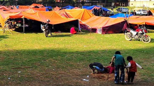 Children sheltering in tents at St Xavier's School, Jawalakhel after the 2015 Nepal earthquake