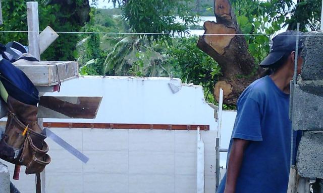 The boys' shower house in August, still being reconstructed.