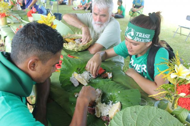 Fr Pedro Walpole SJ with ashes on his forehead at Ash Wednesday lunch with students. They had a meal of breadfruit in coconut milk, taro, banana, watermelon, fish, and octopus on tree leaf plates.