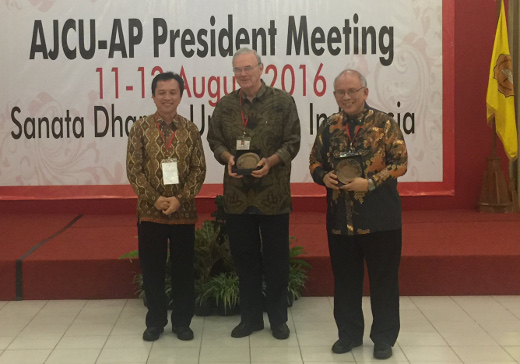 L-R: Incoming AJCU-AP Chairman Professor Eka Priyatma, JCAP President Fr Mark Raper SJ and outgoing AJCU-AP Chairman Fr Joel Tabora SJ