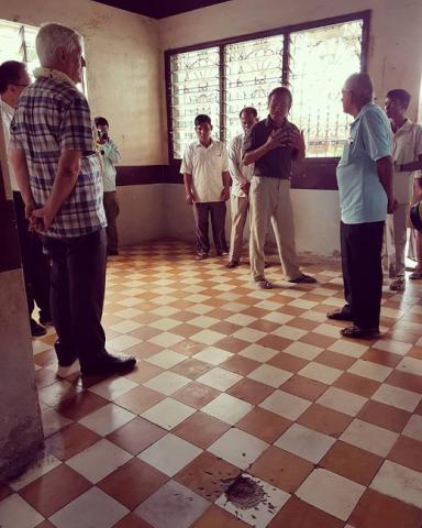 Fr General Arturo Sosa SJ is shown the room where Richie Fernando was killed. The hole left by the grenade remains as a permanent reminder of Fernando’s sacrifice.